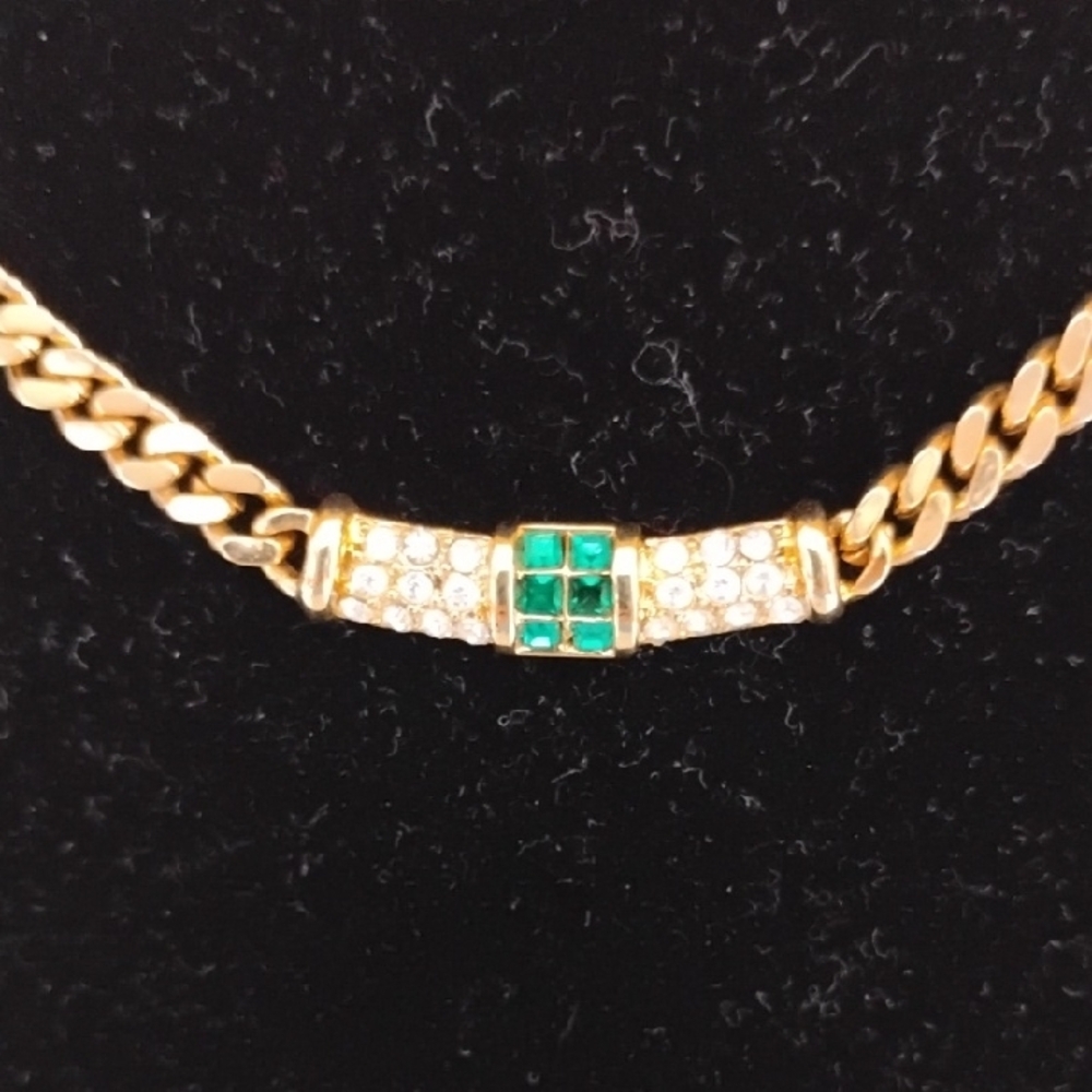 SALE! Authentic Dior Vtg Gold Tone Necklace WGreen Rhinestones & Crystals - Picture 6 of 13